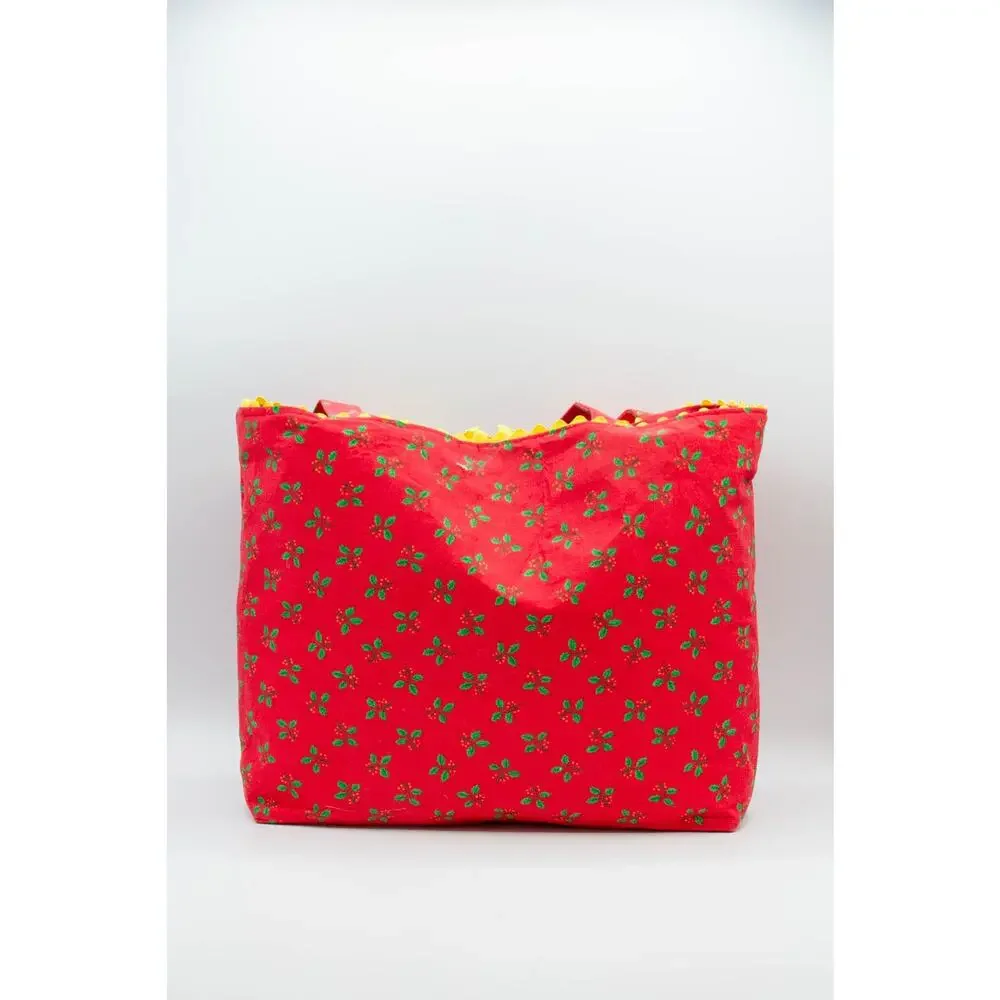 Handmade Red Tote Bag Colorful Christmas Patchwork Shoulder Bag Festive Work Bag